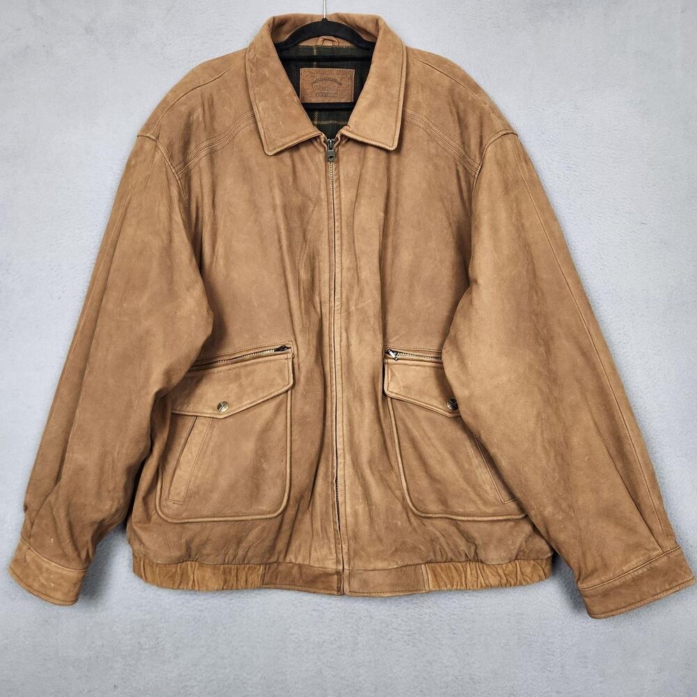 St Johns Bay Leather Barn Jacket Mens 3XLT Tall Brown Suede Bomber Plaid Lined